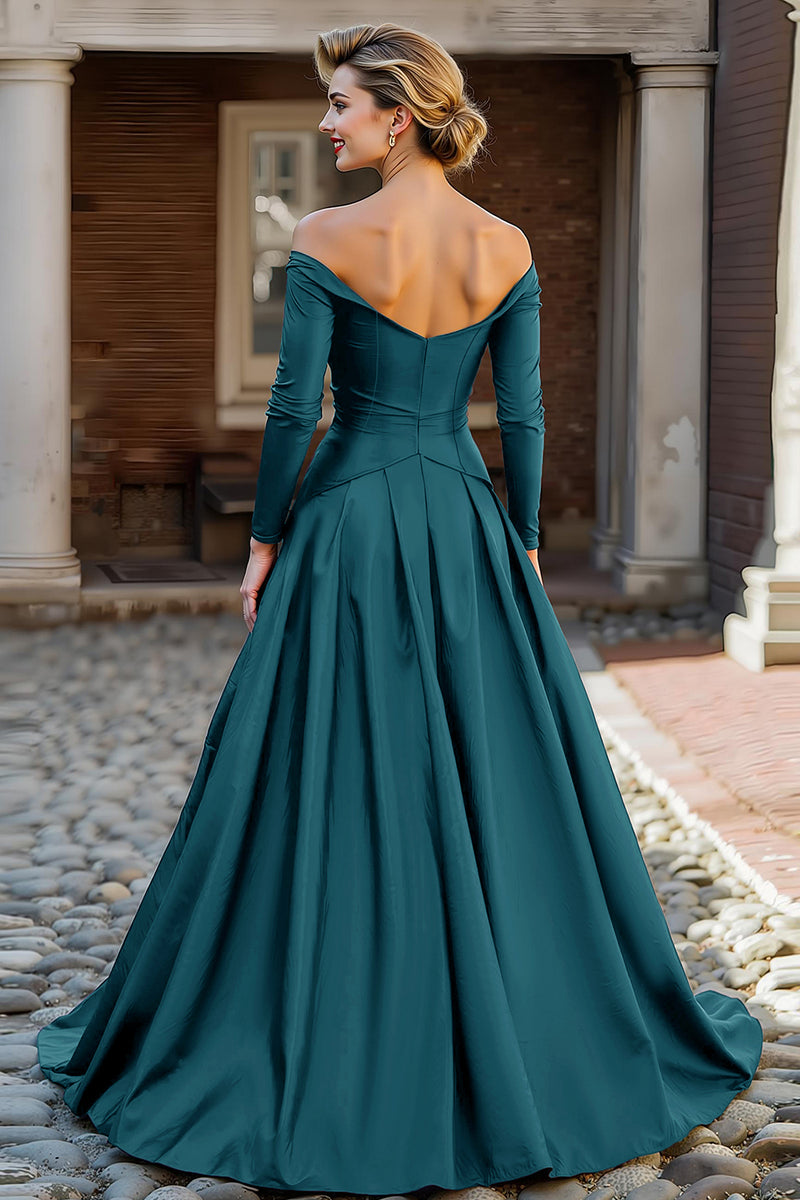 Load image into Gallery viewer, Plum Off the Shoulder Taffeta A Line Long Sleeves Mother of the Bride Dress