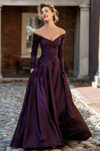 Plum Off the Shoulder Taffeta A Line Long Sleeves Mother of the Bride Dress