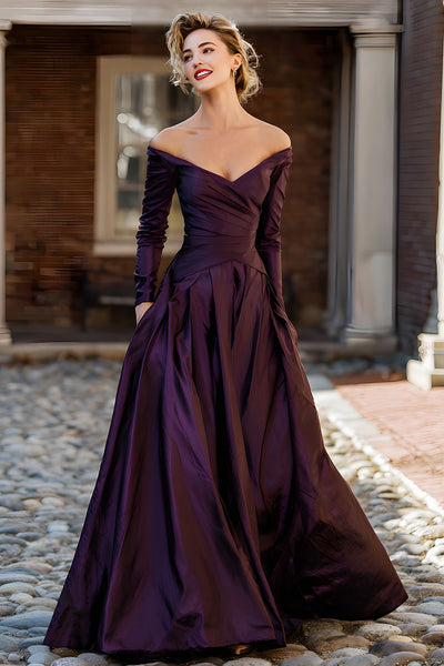 Queendancer Women Plum Taffeta Long Sleeves Mother of the Bride Dress with Pockets Ruched Off the Shoulder A Line Wedding Guest Dress