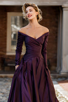 Load image into Gallery viewer, Plum Taffeta A Line Off the Shoulder Long Sleeves Mother of the Bride Dress