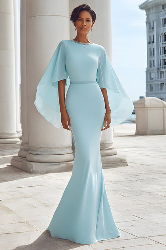 Light Blue Chiffon Mermaid Long Mother of the Bride Dress with Sleeves