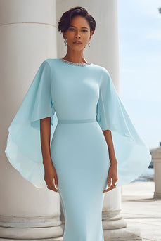 Light Blue Chiffon Mermaid Long Mother of the Bride Dress with Sleeves