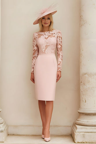 Blush Pink Pencil Illusion Boat Neck Midi Mother of the Bride Dress with Lace