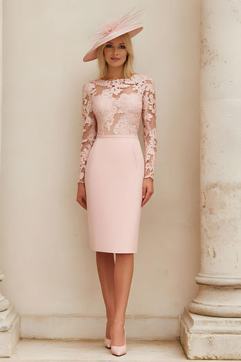 Blush Pink Pencil Illusion Boat Neck Midi Mother of the Bride Dress with Lace