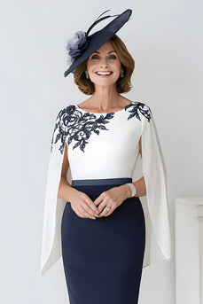 Navy Satin Scoop Neck Midi Mother of the Bride Dress with Appliques