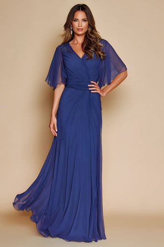 Dark Blue Chiffon V-Neck Long Mother of the Bride Dress with Sleeves