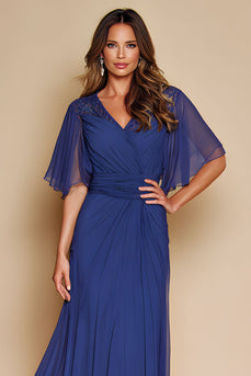 Dark Blue Chiffon V-Neck Long Mother of the Bride Dress with Sleeves