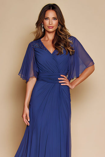 Dark Blue Chiffon V-Neck Long Mother of the Bride Dress with Sleeves