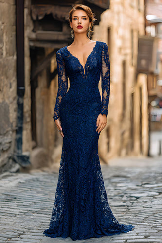 Navy Lace Mermaid V-Neck Long Sleeves Mother of the Bride Dress