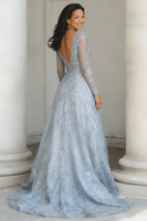 Load image into Gallery viewer, Blue and Silver Lace A Line V-Neck Long Mother of the Bride Dress with Sleeves