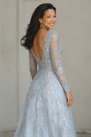 Load image into Gallery viewer, Blue and Silver Lace A Line V-Neck Long Mother of the Bride Dress with Sleeves