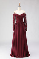 Load image into Gallery viewer, Cabernet Chiffon Off the Shoulder Long Mother of the Bride Dress with Lace