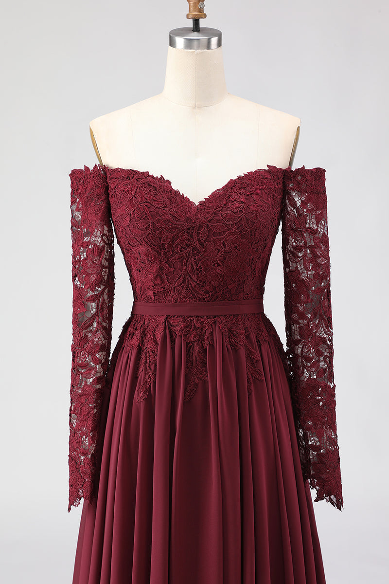 Load image into Gallery viewer, Cabernet Chiffon Off the Shoulder Long Mother of the Bride Dress with Lace