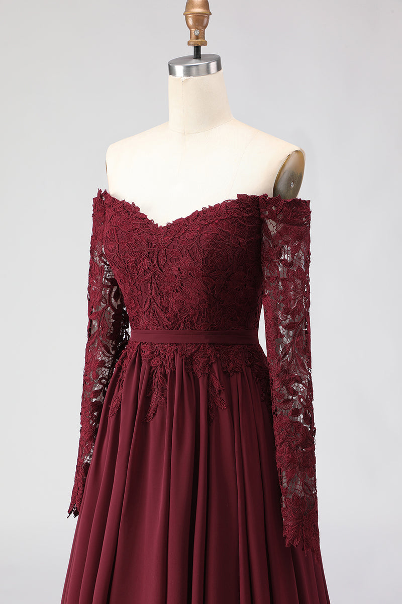 Load image into Gallery viewer, Cabernet Chiffon Off the Shoulder Long Mother of the Bride Dress with Lace
