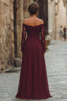 Cabernet Chiffon Off the Shoulder Long Mother of the Bride Dress with Lace