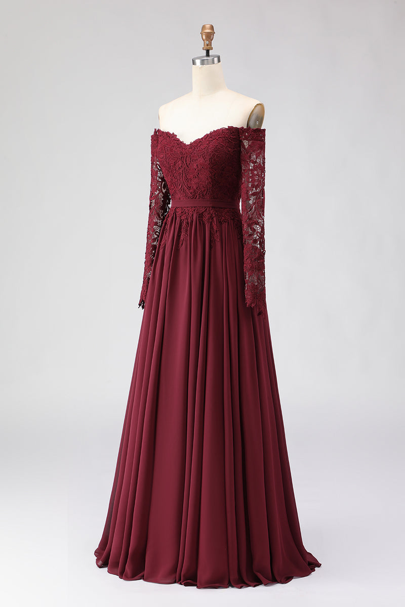 Load image into Gallery viewer, Cabernet Chiffon Off the Shoulder Long Mother of the Bride Dress with Lace