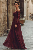 Load image into Gallery viewer, Cabernet Chiffon Off the Shoulder Long Mother of the Bride Dress with Lace