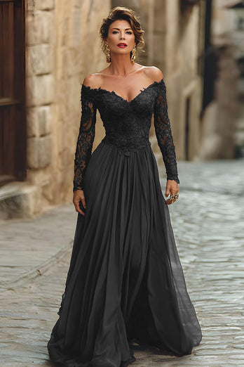 Plum Chiffon A Line Long Sleeves Mother of the Bride Dress with Lace