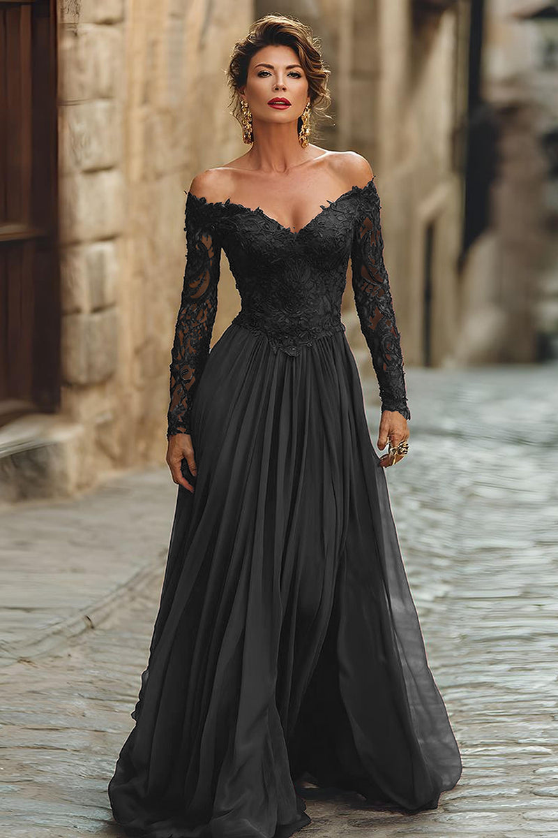 Load image into Gallery viewer, Plum Chiffon A Line Long Sleeves Mother of the Bride Dress with Lace