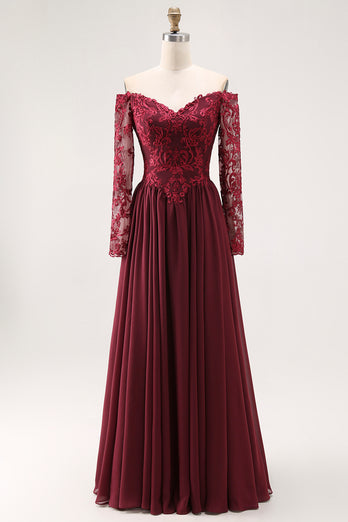 Plum Chiffon A Line Long Sleeves Mother of the Bride Dress with Lace