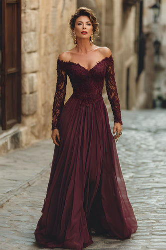 Cabernet Chiffon A Line Long Sleeves Mother of the Bride Dress