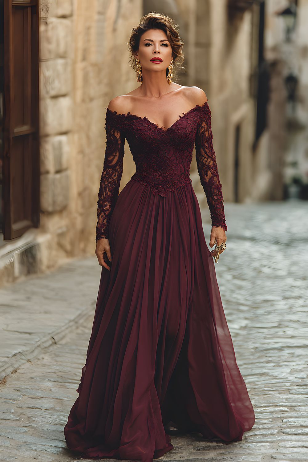 Cabernet Chiffon A Line Long Sleeves Mother of the Bride Dress