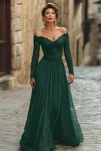 Plum Chiffon A Line Long Sleeves Mother of the Bride Dress with Lace