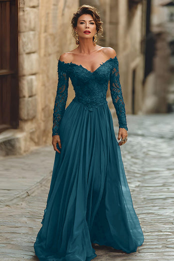 Plum Chiffon A Line Long Sleeves Mother of the Bride Dress with Lace