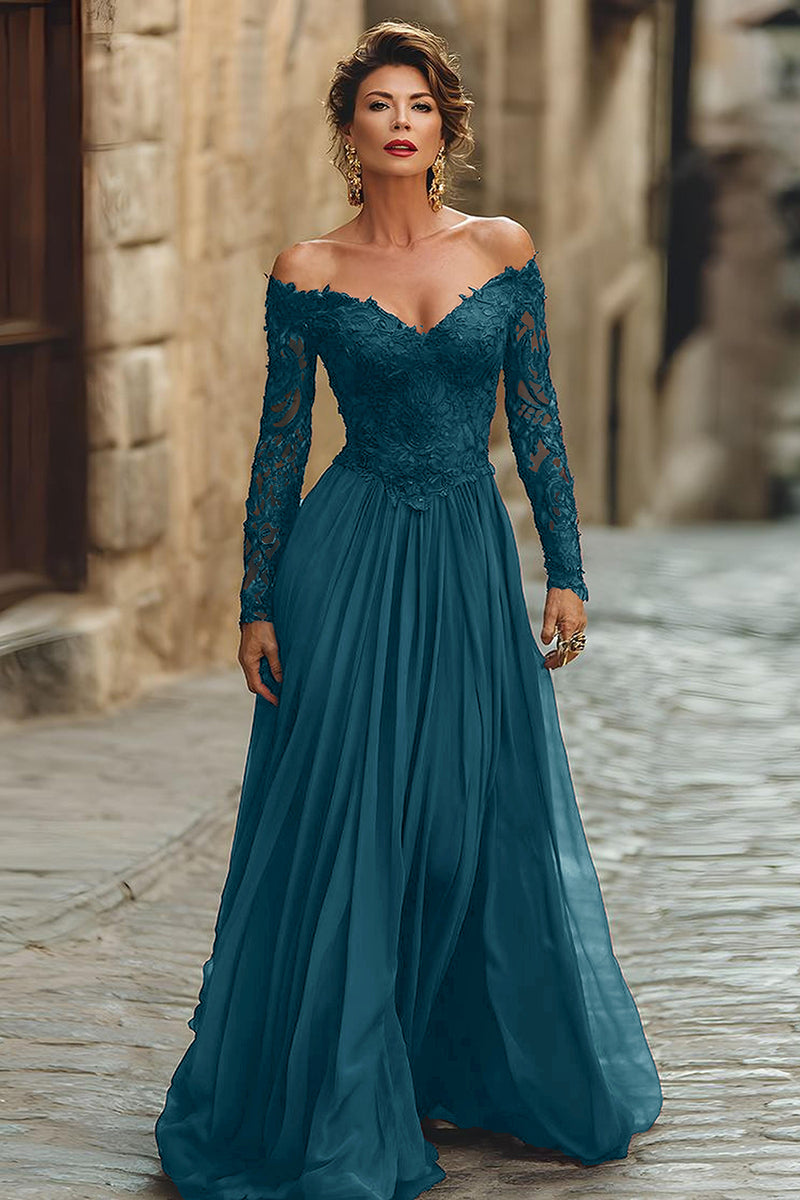 Load image into Gallery viewer, Plum Chiffon A Line Long Sleeves Mother of the Bride Dress with Lace