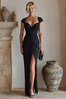 Load image into Gallery viewer, Black Chiffon Ruched Cap Sleeves Long Mother of the Bride Dress with Slit