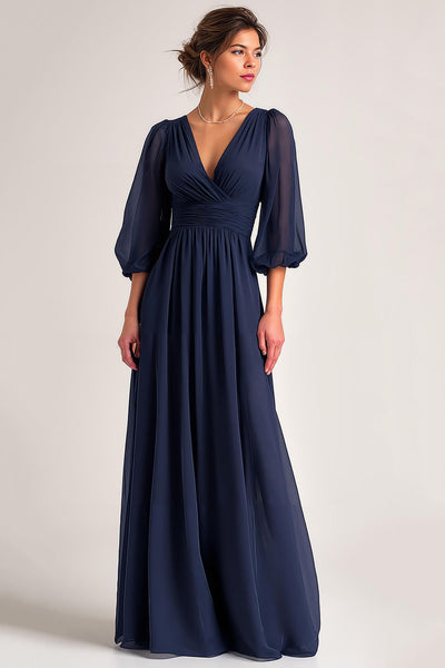 Navy V-Neck Chiffon A Line Long Sleeves Mother of the Bride Dress