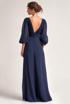 Navy V-Neck Chiffon A Line Long Sleeves Mother of the Bride Dress