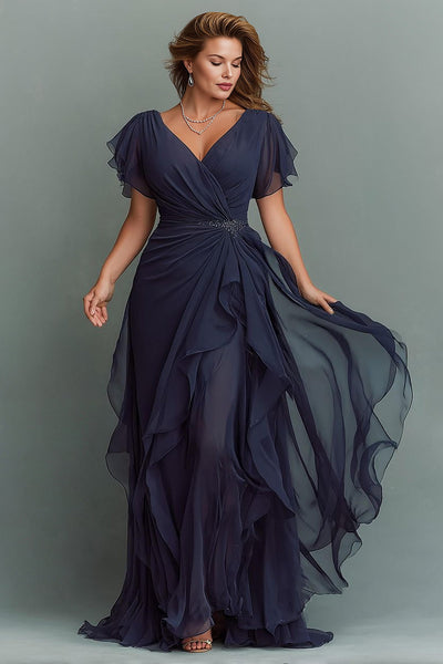 Navy Chiffon Ruched V-Neck Long Mother of the Bride Dress with Ruffles