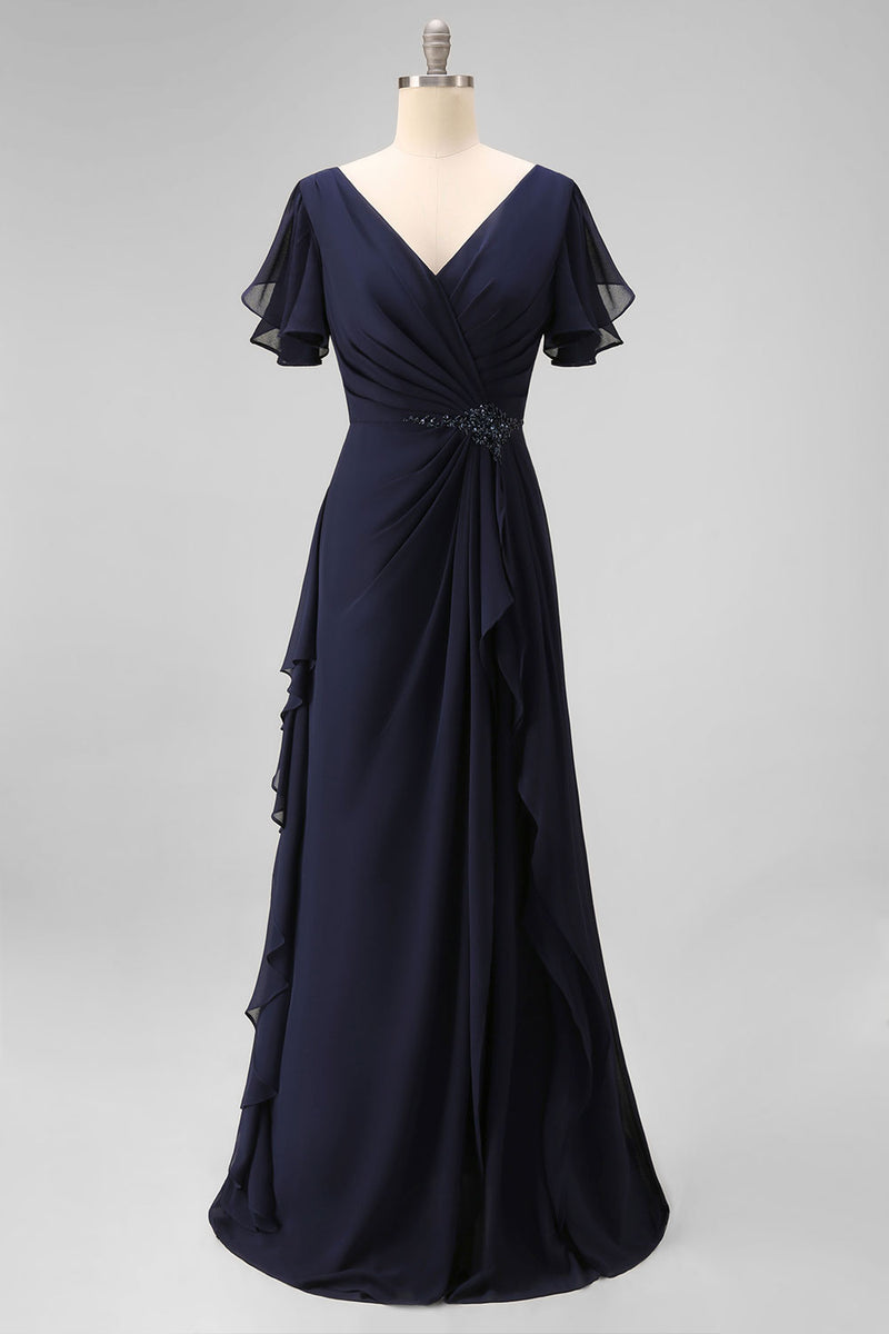 Load image into Gallery viewer, Navy Chiffon Ruched V-Neck Long Mother of the Bride Dress with Ruffles