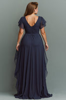 Load image into Gallery viewer, Navy Chiffon Ruched V-Neck Long Mother of the Bride Dress with Ruffles