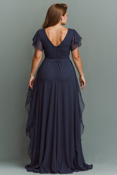 Navy Chiffon Ruched V-Neck Long Mother of the Bride Dress with Ruffles