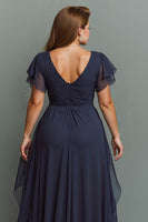 Load image into Gallery viewer, Navy Chiffon Ruched V-Neck Long Mother of the Bride Dress with Ruffles