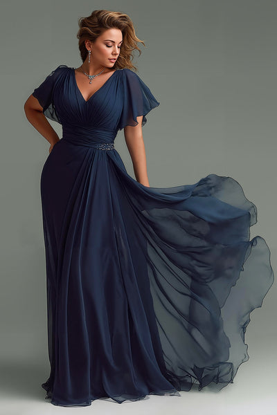 Navy Short Sleeves Chiffon V-Neck Ruched Long Mother of the Bride Dress