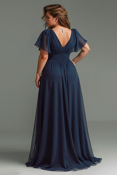 Navy Short Sleeves Chiffon V-Neck Ruched Long Mother of the Bride Dress