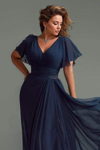 Navy Short Sleeves Chiffon V-Neck Ruched Long Mother of the Bride Dress
