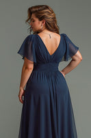 Load image into Gallery viewer, Navy Short Sleeves Chiffon V-Neck Ruched Long Mother of the Bride Dress