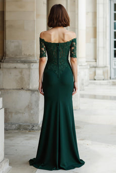 Pine Green Mermaid Off the Shoulder Appliqued Long Mother of the Bride Dress with Sleeves