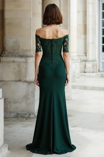 Pine Green Mermaid Off the Shoulder Appliqued Long Mother of the Bride Dress with Sleeves