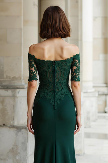 Pine Green Mermaid Off the Shoulder Appliqued Long Mother of the Bride Dress with Sleeves
