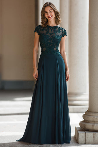 Peacock Green A-Line Chiffon Long Mother of the Bride Dress with Appliques