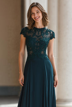 Peacock Green A-Line Chiffon Long Mother of the Bride Dress with Appliques