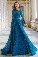 Load image into Gallery viewer, Ink Blue Lace Round Neck A-Line Long Sleeves Mother of the Bride Dress with Lace