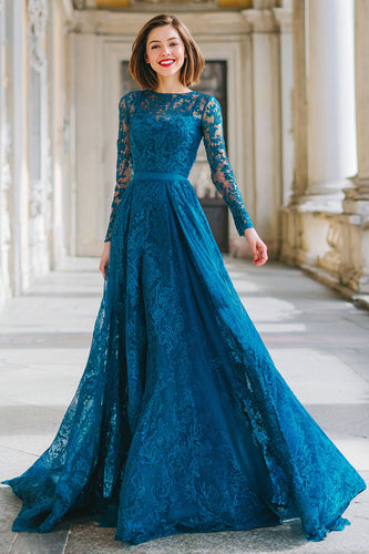 Ink Blue Lace Round Neck A-Line Long Sleeves Mother of the Bride Dress with Lace