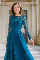 Load image into Gallery viewer, Ink Blue Lace Round Neck A-Line Long Sleeves Mother of the Bride Dress with Lace