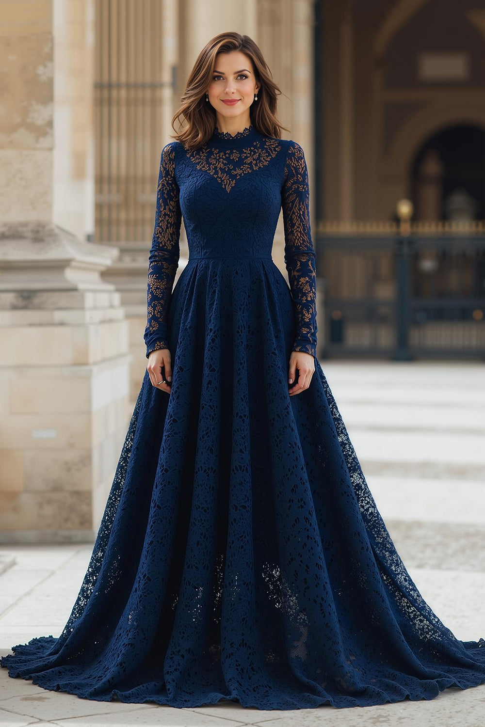 Navy Lace A-Line High Neck Long Sleeves Mother of the Bride Dress